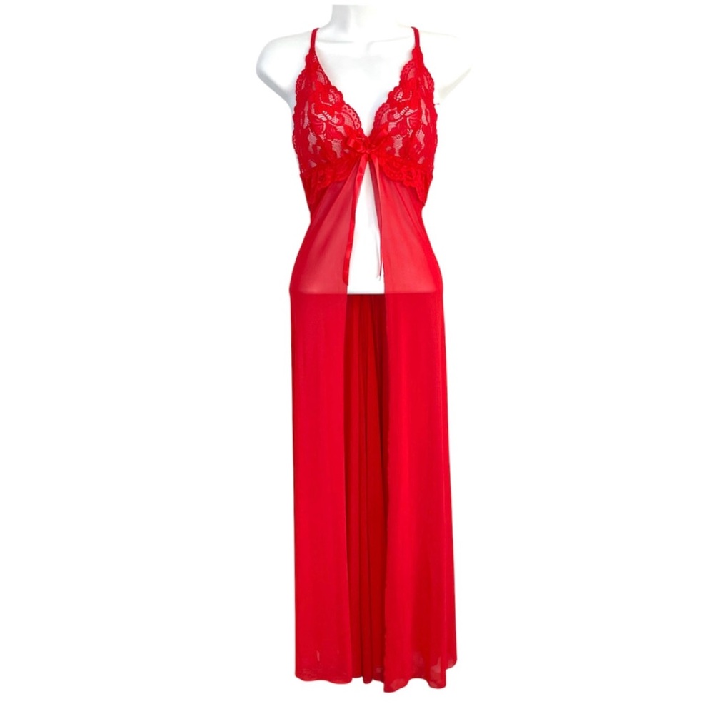 Avidlove Red Lace Babydoll Nightgown Sheer Maxi Open Front Lingerie M